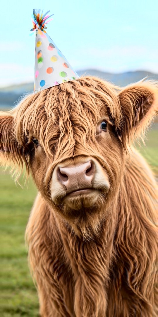 Highland cow in a party hat