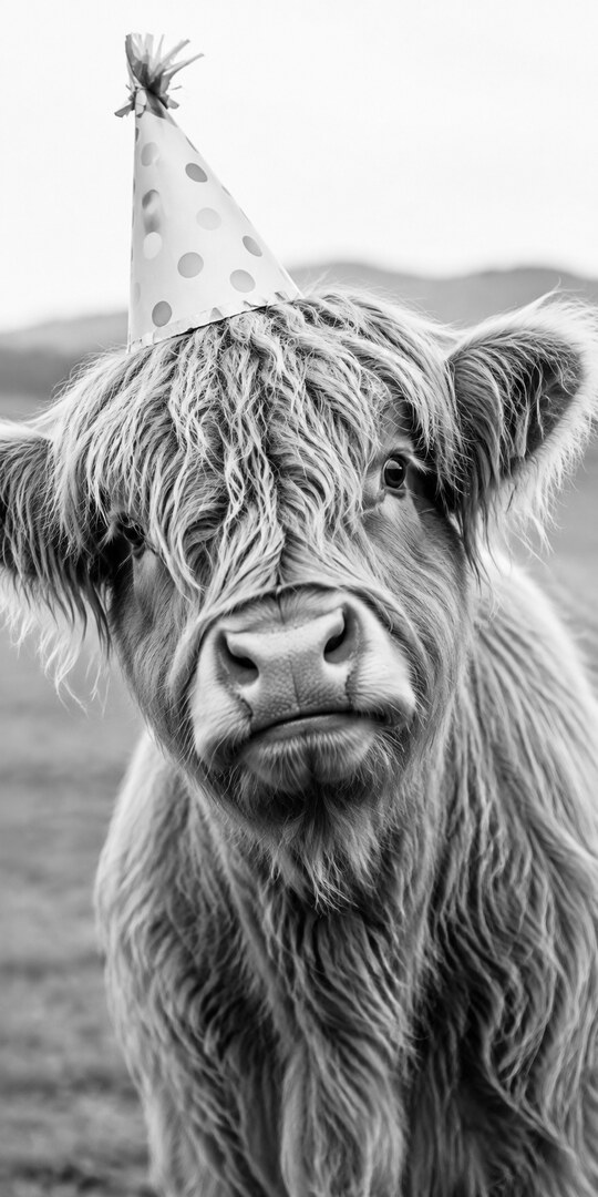 Highland cow in a party hat