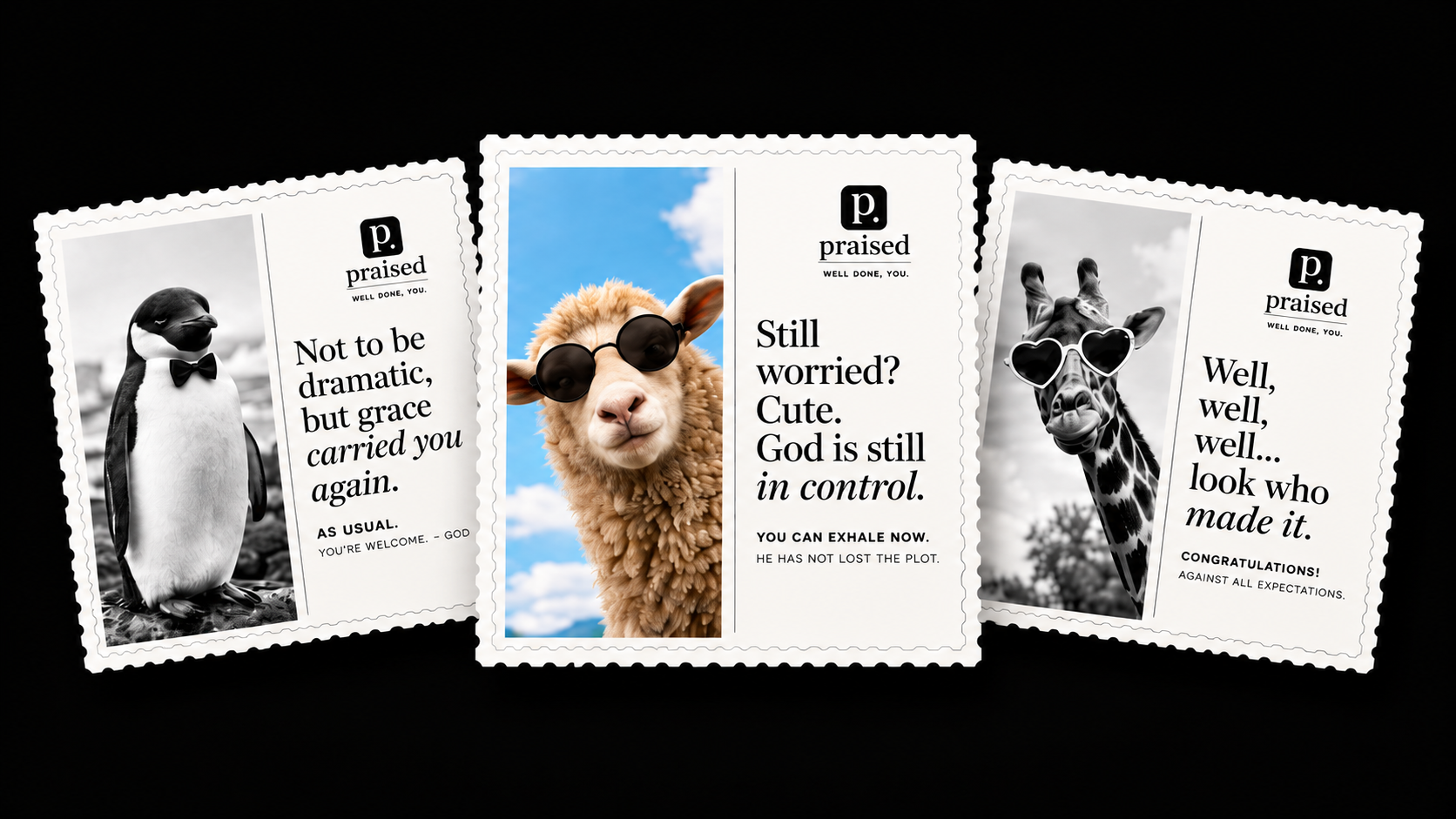 A collage of Praised sample card designs, with a mix of black-and-white and color examples.